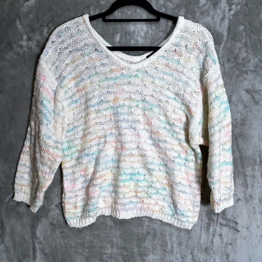 Bramble Lane Vintage Pastel Rainbow Scalloped Knit V-Neck Sweater Large